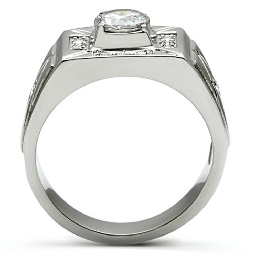 ARTK486 Men's 1.24 Ct Round Cut Simulated Diamond Silver Stainless Steel Ring Sizes 8-13